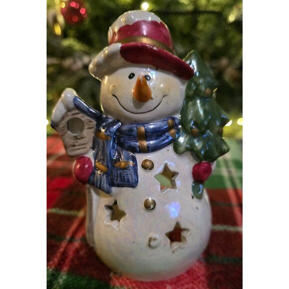 Snowman Tea Light Candle Holder with Blue Scarf and Red Hat Christmas Decoration - Picture 1 of 3